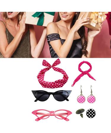 50s Accessories for Women | Headband Drop Earrings Set for 1950s Outfits Print Dangle Earrings with Vintage Hair Bands Chiffon Scarf Cat Eye Glasses Hot Pink One Size - Buy Online on SooperMarket.com