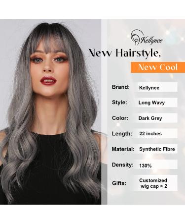 Kellynee Ombre Dark Gray Wig with Pony - Long Corrugated Gray Wigs for Women | Realistic Art Hair for Everyday Halloween Party & Cosplay - Buy Online on SooperMarket.com