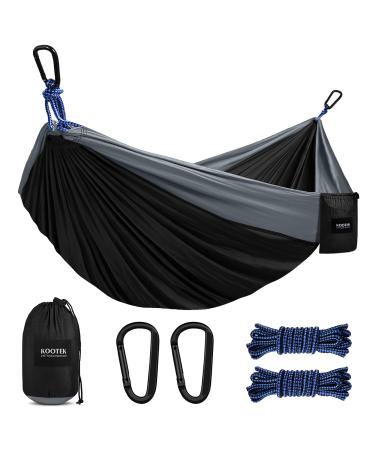 Kootek Camping Hammock Double & Single Portable Hammocks with 2 Hanging Ropes Lightweight Nylon Parachute Hammocks for Backpacking Travel Beach Backyard Hiking Black & Grey Large