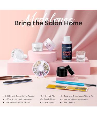 Modelones Acrylic Nail Kit - Clear White & Pink Powder Set with Rhinestone Glue & Brush | Perfect Starter Kit for Acrylic Nail Extensions - Buy Online on SooperMarket.com