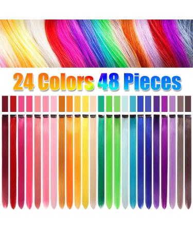 48 Pcs Colorful 21 Inch Straight Clip in Hair Extensions - Rainbow Multi-color Synthetic Long Hairpiece for Women, Girls, and Kids - 24 Colors, Perfect for Parties and Highlights - Buy Online on SooperMarket.com