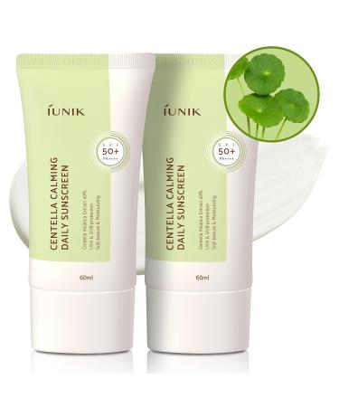 IUNIK Centella Calming Vegan Moisture SPF 50+ PA++++ Non-Sticky No White Cast Light-Weight Daily Sunscreen Reef-Safe UVA UVB Matte-Finish No-Scent 4 Oz Beta-Glucan Dry Oily Sensitive Acne-Prone Skin Korean Skincare