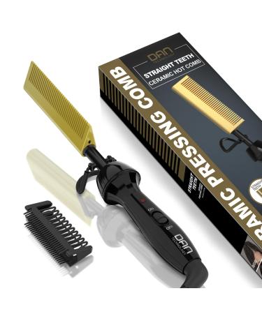 DAN Technology Hot Comb Mini Electric Hot Comb for Wigs Small Straightening Comb Anti-Scald Heat Comb for Afro Hair Beard Anti-Scald Press Comb Ceramic Dual Voltage Hot Comb Hair Straightener Gold
