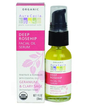 Aura Cacia Organic Deep Rosehip Essentials Facial Oil Serum Geranium & Clary Sage 1 fl oz (30 ml)