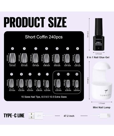 Shop Tomicca 8-in-1 Nail Tips & Glue Gel Kit | 240 PCS Soft Gel Full Cover Extensions with UV Lamp - Perfect Ballerina Shape - Buy Online on SooperMarket.com