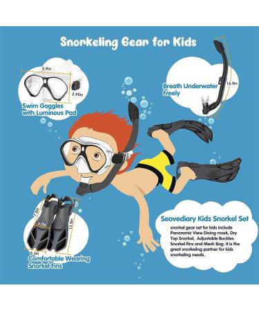 Seovediary Kids Snorkel Set - Anti-Fog Mask, 180آ° View Dry Snorkel & Fins with Travel Bag | Perfect for Diving & Swimming - Buy Online on SooperMarket.com
