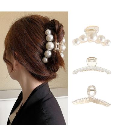 Pearl Hair Claw Clips Big Hair Accessories Elegant Large Rhinestones Headbands Hairpin Hair Tie Hair Crab Barrette Head Bands Non-Slip Thick Hair Accessories Fashion Hair Supplies Clamp for Women 3Pcs
