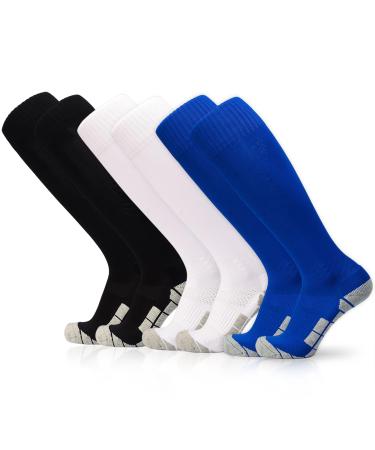 Elutong football socks children 1/3 pair of unisex football socks training socks elastic sports socks comfortable and breathable non-slip sock socks for football running basketball 33-45 33 01 black + white + blue