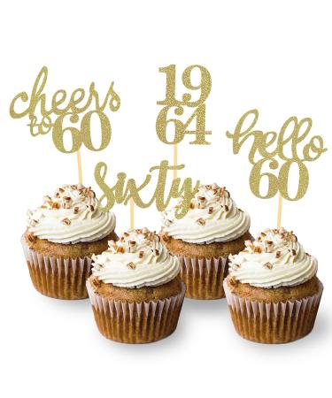 24 Pcs Glitter 60th Birthday Cupcake Toppers for Celebrating Sixty Years Old Birthday Party Decorations (Gold)