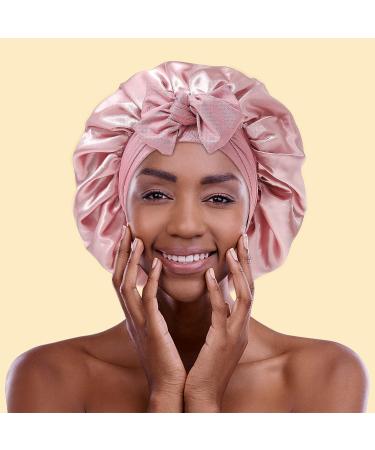 Satin Hair Bonnet for Women | Large Double Layer Silk Sleep Cap with Wide Elastic Band | Includes 45PCS Waterproof Disposable Shower Caps | Dusty Rose - Buy Online on SooperMarket.com