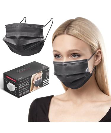 HARD 50 pieces Disposable Face Masks | Made in Germany | Type II & CE certified | Breathable Triple Layer - Filtration 99 78% | Elastic Earloops | Mouth Cover - Adults - Black 50 Piece standard size (17 5 cm x 9 5 cm) Black