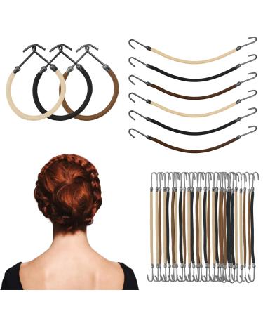 24 Pieces Stretch rope hair hooks pill hair hooks double hook hair rope hair coiffure hooks Ponytail Hooks Elastic Bands Hair Styling Hair Bungee Cords With Hooks Elastic Black + Coffee + Apricot