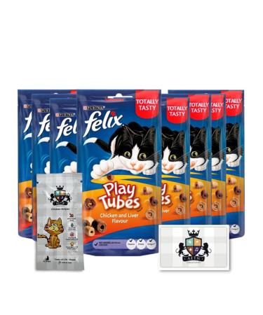 AETN Creations Felix Play Tubes Cat Treat Bundle Pack 8x50g Pouches Chicken and Liver Flavour plus AETN Chicken Stripes Treat Tasty Delicious Snack