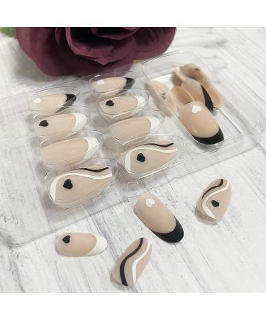 Black & White Swirl Almond Press On Nails | Full Cover False Nails | French Tip Heart Stick On Nails | Glossy Acrylic Nails for Women - Buy Online on SooperMarket.com