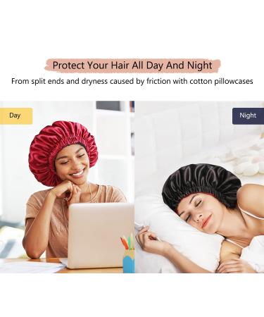 Mikimini Black Satin Bonnet for Curly Hair | Silk Sleep Cap for Women and Men | Reversible Double Layer X-Large Night Cap | Soft Stretchy Hair Care Bonnet (Black+Red) - Buy Online on SooperMarket.com