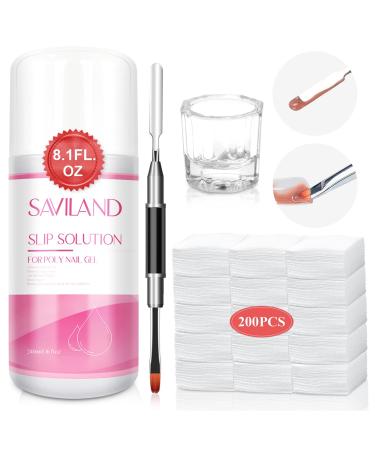 Saviland Slip Solution Nail Kit 240ML Slip Solution for Poly Gel Anti-Stick Solution Liquid with Nail Art Brush 200pcs cleaning pads Dappen Dish French Manicure Kit for Salon Use Home DIY