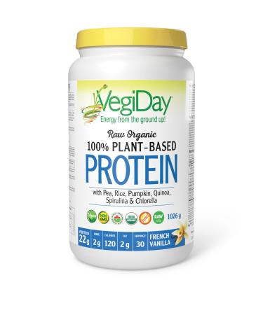 VegiDay Raw Organic Plant Based Protein 20g French Vanilla 1110g with Pea Pumpkin Chia Quinoa Spirulina & Chlorella