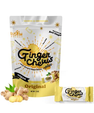 Fusion Select Ginger Chews - Sweet Soft Candied Delights From Indonesia - Promotes Relief From Morning Sickness, Upset Stomach - Made from Real Ginger Root, Non-GMO, Vegan Candy (Original)