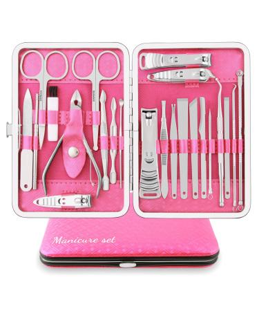 Manicure Set Professional Nail Clippers Kit Pedicure Care Tools 23pcs Stainless Steel Grooming Tools with Black PU Leather Case for Travel or Home (Pink/Silver)