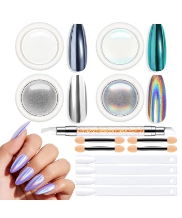 Modelones Chrome Nail Powder Set -4 Metallic Mirror and Pearl Effect Pigment Silver Chrome Powders for Gel Nails with 1Pcs Silicone Nail Brush 4Pcs Cotton Swabs and 4Pcs Color Display Sticks Metallic Mirror & Pearl Effect