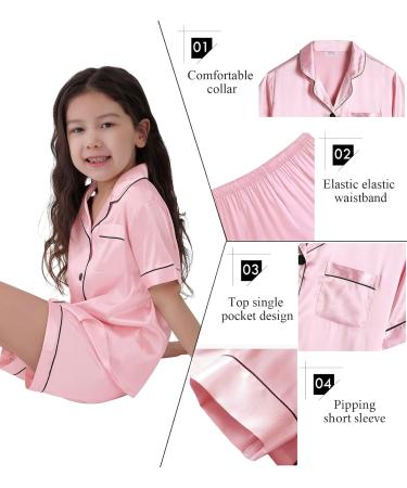 Kids Silk Pyjamas Set | Short Sleeve Satin PJs for Girls Boys | Button-Down Silky Nightwear for Children and Teens | Age 4-16 | Pink - Buy Online on SooperMarket.com