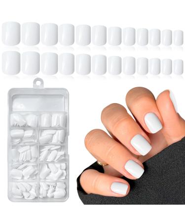 LuckForever Short Press on Nails 240pc Glossy White Press on Nails Short Square Round Fake Nails Full Cover 10 Sheets Nail Adhesive Tabs Small Wooden Sticks and Nail Files False Nails for Women