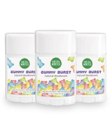Fresh Monster Natural Deodorant for Kids and Teens I Aluminum-Free Paraben-Free and Hypoallergenic I Dermatologist Tested I 24-Hour Protection I Gummy Burst I 1.76 oz I 3 Pack Fresh 1.76 Ounce (Pack of 3)