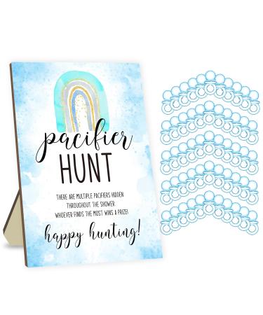 Pacifier hunting game for baby shower baby party game sets including Bohemian rainbow theme baby pacifier hunting sign and 50 blue acrylic pacifier mini-pacifier 005