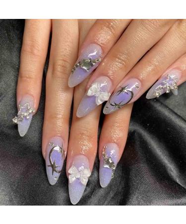 Hkanlre Long Almond Press on Nails Bow Fake Nails Tips Full Cover False Gradient Nails for Women and Girls 24PCS