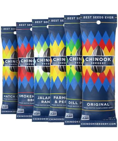 Chinook Seedery Roasted Jumbo Sunflower Seeds - 6 Flavor Sampler Pack - 1.5 ounce (Pack of 6)Flavored Seeds Keto Snacks - Best For Snack Packs - Gluten Free, Non GMO Snack Food Gifts
