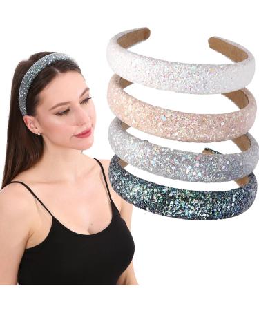 4 PCs glitter sequin sparkling hard headbands for children 1.1-inch wide padded hair bands for girls and women (glitter (black + gray + beige + white))
