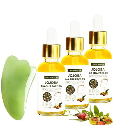 3 Pack Gua Sha Facial Oil Scented Face Oil Gua Sha Facial Massage Oil with Guasha Tool Set 99% Organic Jojoba Oil Cold Pressed Vitamin E and C for Face Hair Nails Makeup Remover