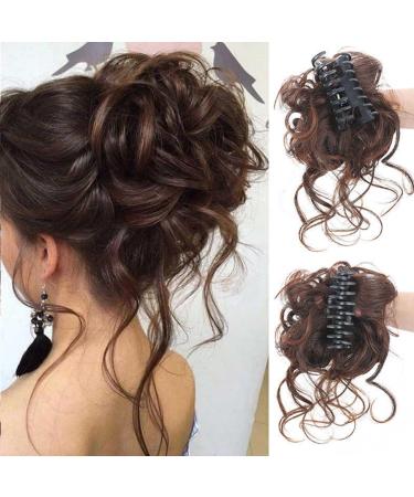 Long beard ball head wig bun grab clip Fluffy natural scrunchie bridal cocktail hairpin Messy Hair Bun Extensions Curly Wavy Hair Scrunchies Messy Bun Hairpiece (Light brown with darker shades)