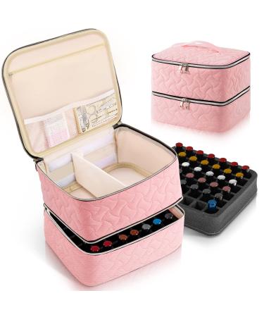 Nail Polish Organizer Case Holds 42 Bottles (15ml/0.5 fl.oz) Double-Layer Nail polish storage with Adjustable Dividers Portable Nail Polish Bag for Nail Gel Nail Lamp and Manicure Tools Pink