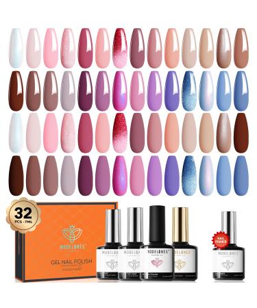 Modelones 32Pcs Gel Nail Polish Set 28 Colors Fall Winter Gel Polish with Glossy& Matte Gel Top Coat No Wipe Base Coat Nail Primer Kit Nude Brown Pink Red Purple Blue Glitter Colors Nail Polish Gift Nude Pink