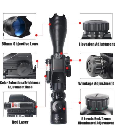 UUQ 4-16x50 Tactical Rifle Scope with Red/Green Illuminated Range Finder Reticle, Laser Sight, and Holographic Reflex Dot - Red Laser - Buy Online on SooperMarket.com