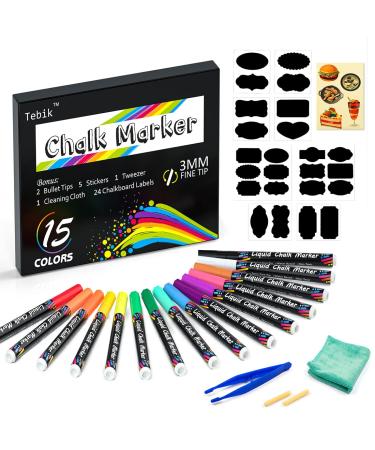 Tebik Liquid Chalk Marker Set, 15 Bright Colors Erasable Chalkboard Paint Pens with 24 Chalkboard Labels, 5 Stickers, 1 Cloth, 1 Tweezer and 2 Tips, Good for Chalkboards, Bistro Boards, Glass 15 Colors