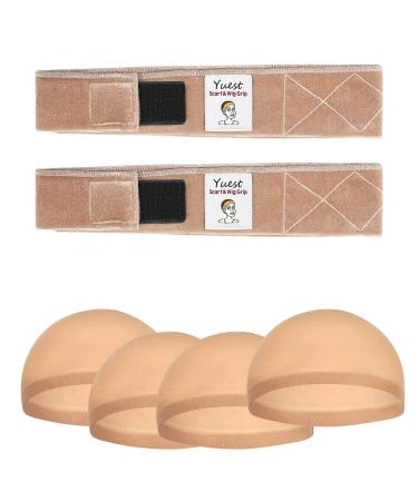Yuest 2 Pack Wig Grip Band for Keeping Wigs in Place Secured Velvet Wig Gripper Adjustable Wig Grips Headband Stay Put No Slip Bands Wig Accessories for Women Edge Saver Beige+4 Pcs Wig Cap