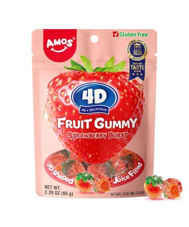 Amos 4D Gummy Candy Strawberry Burst - Fruity Jelly-Filled Natural Flavor - Resealable 2.29oz Bag (Pack of 6)