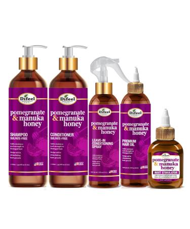 Difeel Pomegranate & Manuka Honey Shampoo & Conditioner 5-PC Set - Includes 33.8oz Shampoo 33.8oz Conditioner 8oz Leave in Spray 8oz Hair Oil & 2.5oz Root Stimulator