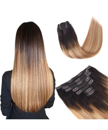 Vlasy Clip in Hair Extensions Human Hair Seamless Hair Extensions Clip in Real Human Hair 7 Pieces Straight Natural Thick Weft Human Hair Clip in Extensions for Women T2/27+T2/60# 16 Inch(80 g) 16 Inch (80 g) T2/27+T2/60#