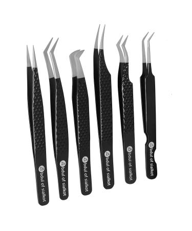Abdul of Silakor Eyelash Extension Tweezers Set 6 Piece for Volume Lash Extensions Stainless Steel Eyelash Tweezers for Lash Extensions Isolation & Classic Lashes Tweezers Set (Black)