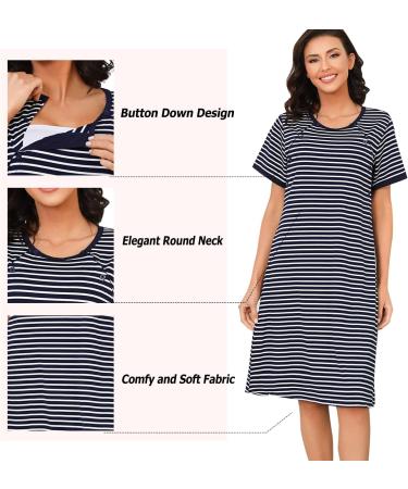 Sykooria Maternity Nursing Nightdress - Short Sleeve V Neck Nightgown for Pregnant Women - Stripe Dark Blue M - Buy Online on SooperMarket.com