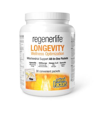Natural Factors Regenerlife Longevity Wellness Optimization 30 convenient packets All-in-One Daily Packet includes: Mitochondrial Energy NMNSurge Omega-3+D Ultra Strength and Quercetin LiopMicel Matrix Formulated to Support All Aspects of Healthy Aging