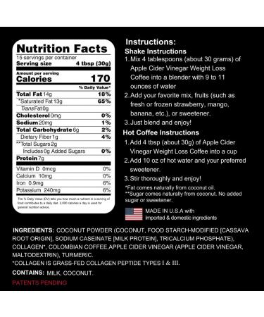 Apple Cider Vinegar Weight Loss Coffee with Coconut, Collagen, Turmeric & Colombian Coffee - Natural Weight Management Aid (16 oz) - Buy Online on SooperMarket.com