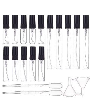 BENECREAT 30 pieces 3ml/5ml/10ml mini spray bottle made of glass with fine fog clear glass empty atomizer (black cap) with 2PCs funnel and 4PCs 2ml pipettes for perfume cosmetic waist mixed black lid 2 ml/3 ml/5 ml/10 ml