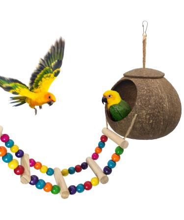 Hanging Coconut Bird House with Ladder,Natural Coconut Fiber Shell Bird Nest for Parrot Parakeet Lovebird Finch Canary,Coconut Hide Bird Swing Toys for Hamster,Bird Cage Accessories,Pet Bird Supplies