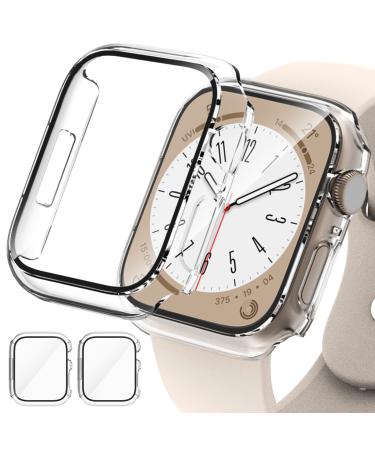 2 Pack Hard PC Case Compatible with Apple Watch Series 8 Series 7 45mm Screen Protector EWUONU Tempered Glass Film Hard Bumper Anti-Scratch HD Ultra-Thin Protective Cover for iWatch 45mm Clear+Clear Clear 45mm