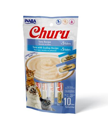INABA Churu Cat Treats, Grain-Free, Lickable, Squeezable Creamy Pure Cat Treat/Topper with Vitamin E & Taurine, 0.5 Ounces Each Tube, 10 Tubes Total/Two Flavors Tuna