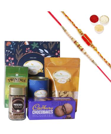 Ghasitaram Gifts Jaiccha Rakhi for Brother Ghasitaram Tea Coffee Hamper Box with 2 Rakhis